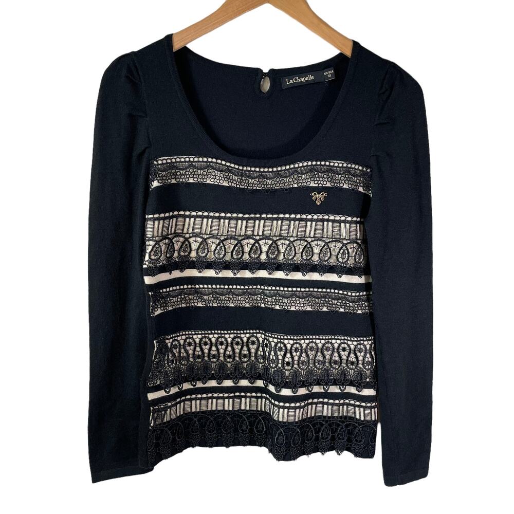 La Chapelle Women's Wool Blend Long Sleeve Lace Sweater Black Size XS Boho Chic